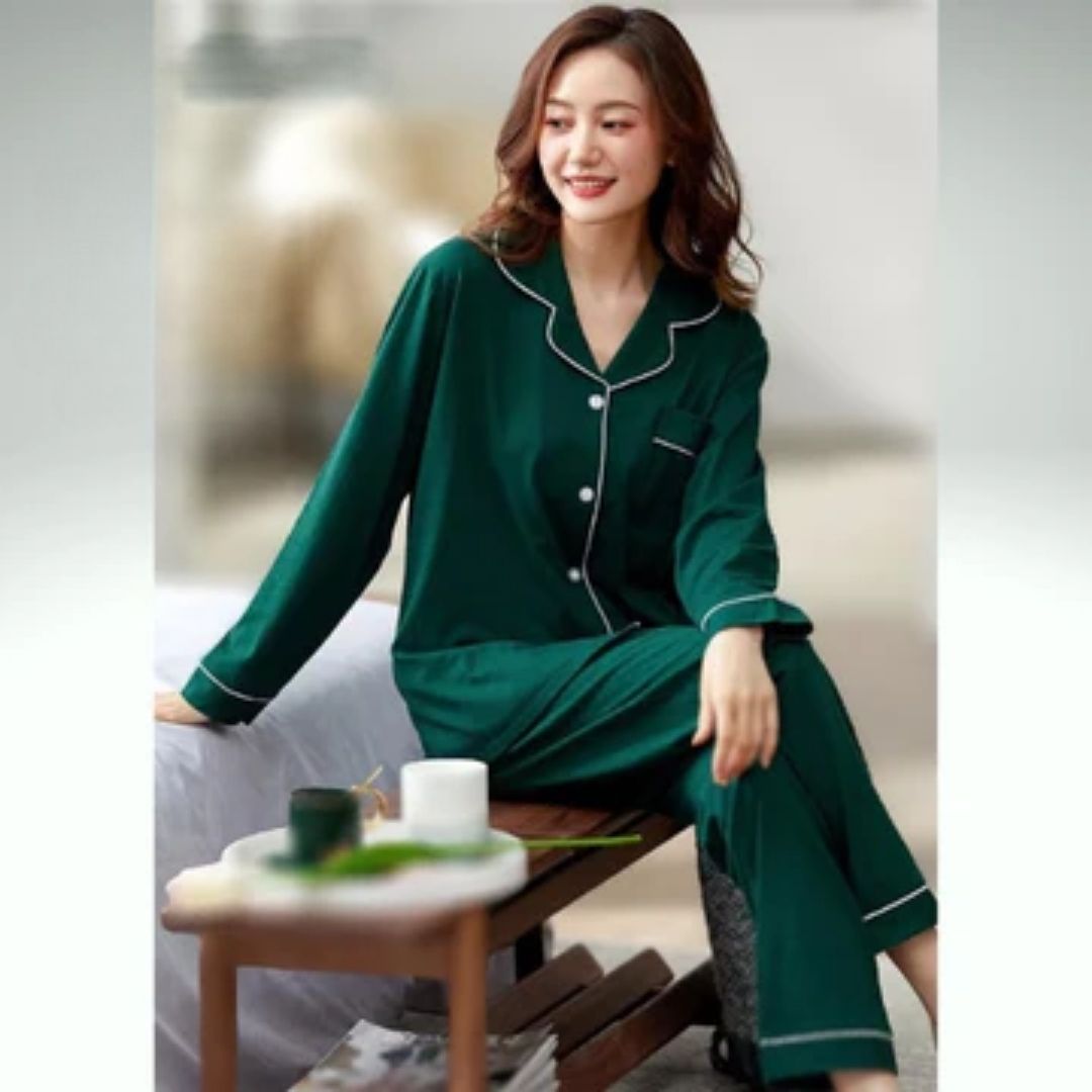 Bottle Green Silk Night Suit Turn Down Collar Long Sleeves