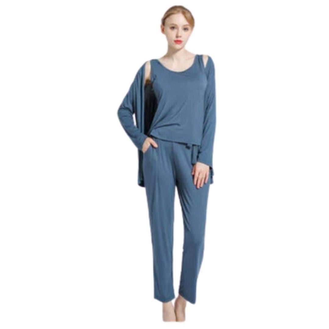 Blue Long Sleeve Women Night Suit PJ Set 3 Pieces