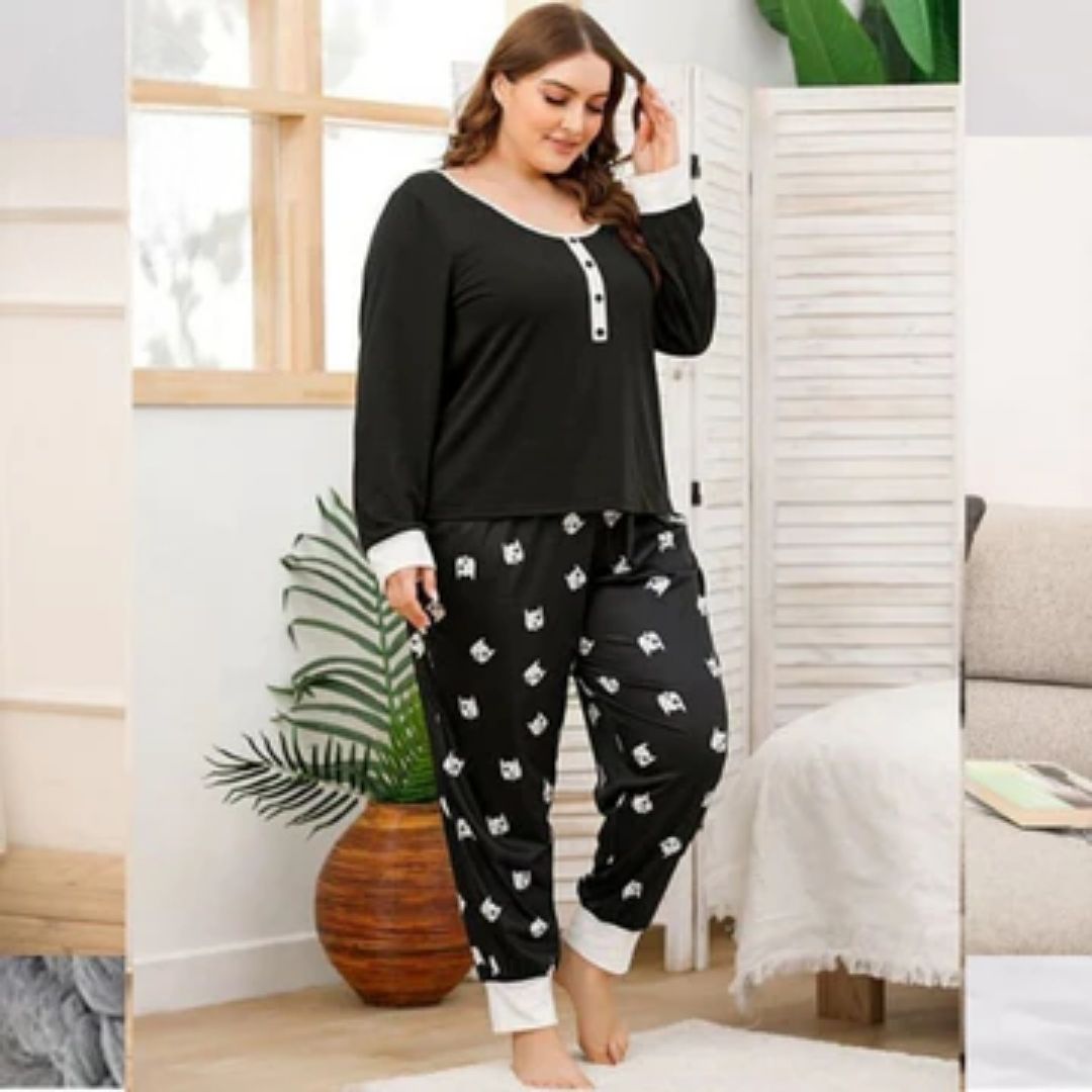 Black Printed with Button Nightsuit Pajama Set