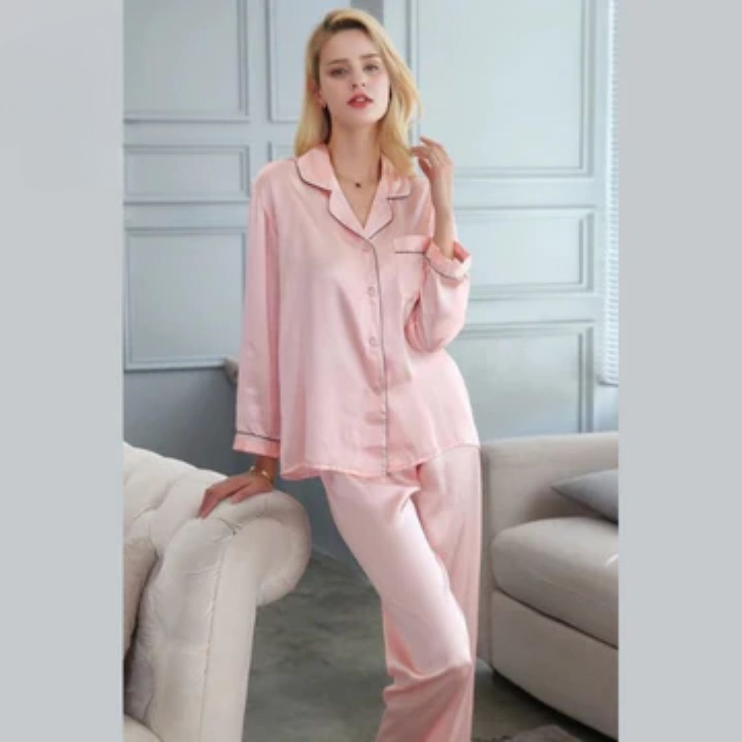 Baby Pink Silk Night Suit Turn Down Collar Long Sleeves